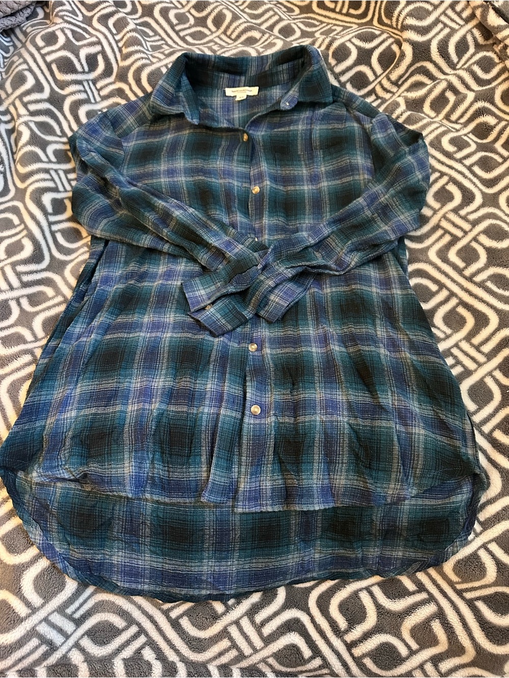 Beach Lunch Lounge Blue Green Plaid Button-Up Tunic Shirt Size Medium